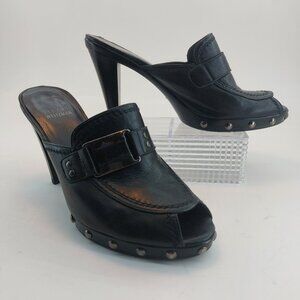 Stuart Weitzman Open Toe Black Leather Clogs